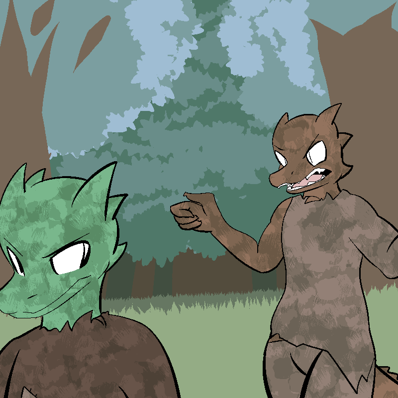 2014 anthro bottomwear brown_body brown_skin clothing digital_drawing_(artwork) digital_media_(artwork) dirty duo female fen_(lagotrope) green_body green_skin kobold lagotrope male outside pants plant pupils shirt slit_pupils story story_at_source story_in_description tgchan topwear tree white_eyes