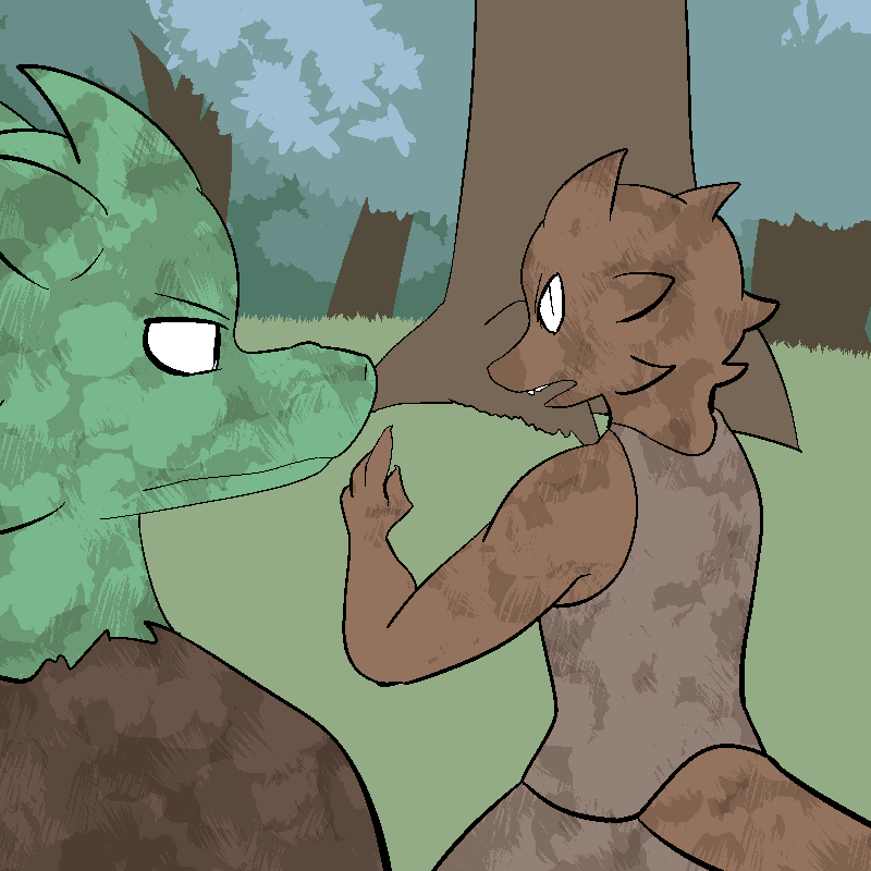 2014 anthro brown_body brown_skin clothed clothing digital_drawing_(artwork) digital_media_(artwork) dirty duo female fen_(lagotrope) grass green_body green_skin horn kobold lagotrope lizard male outside plant pupils reptile scalie slit_pupils story story_at_source story_in_description tgchan topwear tree white_eyes