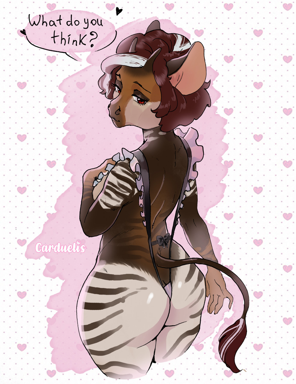 &lt;3 anthro big_butt brown_body brown_fur brown_hair butt carduelis clothed clothing dialogue female fur giraffid hair hi_res horn lingerie mammal okapi ossicone rear_view red_eyes skimpy solo striped_body stripes wide_hips