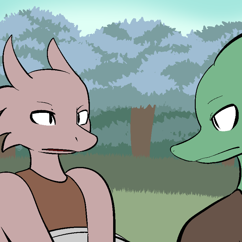 2014 anthro clothed clothing digital_drawing_(artwork) digital_media_(artwork) duo female fen_(lagotrope) grass green_body green_skin kobold lagotrope male outside plant pupils shirt slit_pupils standing story story_at_source story_in_description tgchan topwear tree white_eyes