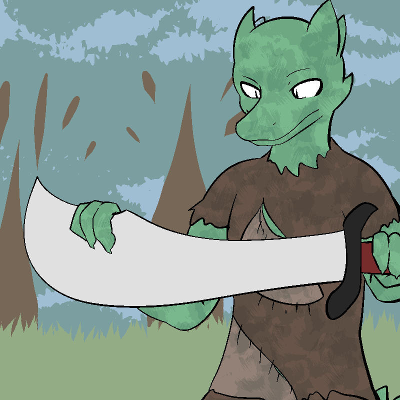 2014 anthro clothed clothing digital_drawing_(artwork) digital_media_(artwork) dirty fen_(lagotrope) grass green_body green_skin horn kobold lagotrope lizard male melee_weapon outside plant pupils reptile scalie shirt slit_pupils solo standing story story_at_source story_in_description sword tgchan topwear tree weapon