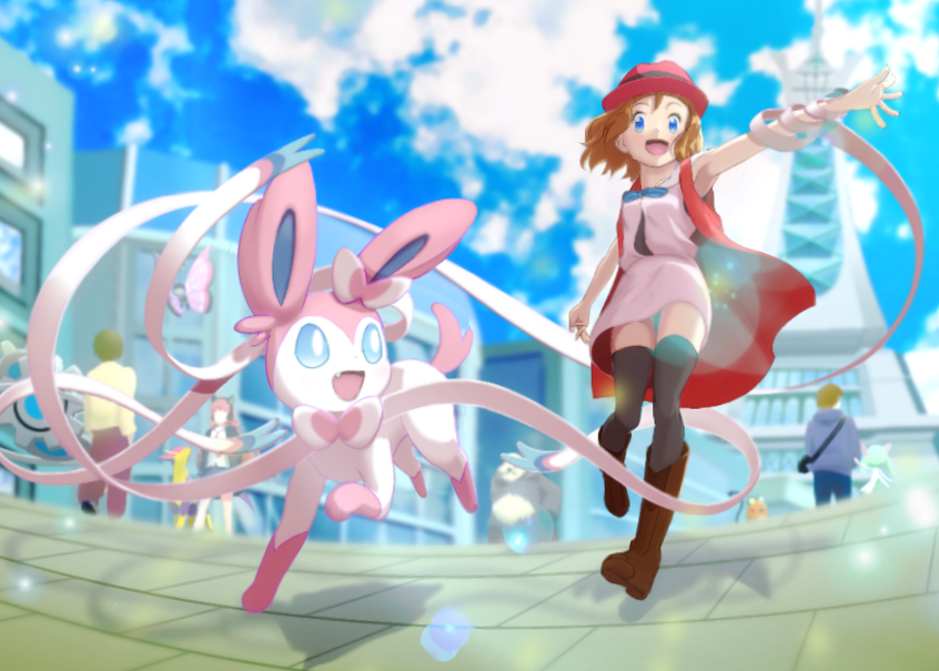 2boys 2girls :d black_thighhighs blue_eyes blue_ribbon boots brown_footwear cloud commentary_request day dedenne dress from_below hat kirlia klang liepard multiple_boys multiple_girls neck_ribbon open_mouth outdoors outstretched_arm pangoro panties pink_dress pokemon pokemon_(anime) pokemon_(creature) pokemon_xy_(anime) ribbon serena_(pokemon) sky smile sylveon thighhighs tongue tower underwear vivillon yuui_art