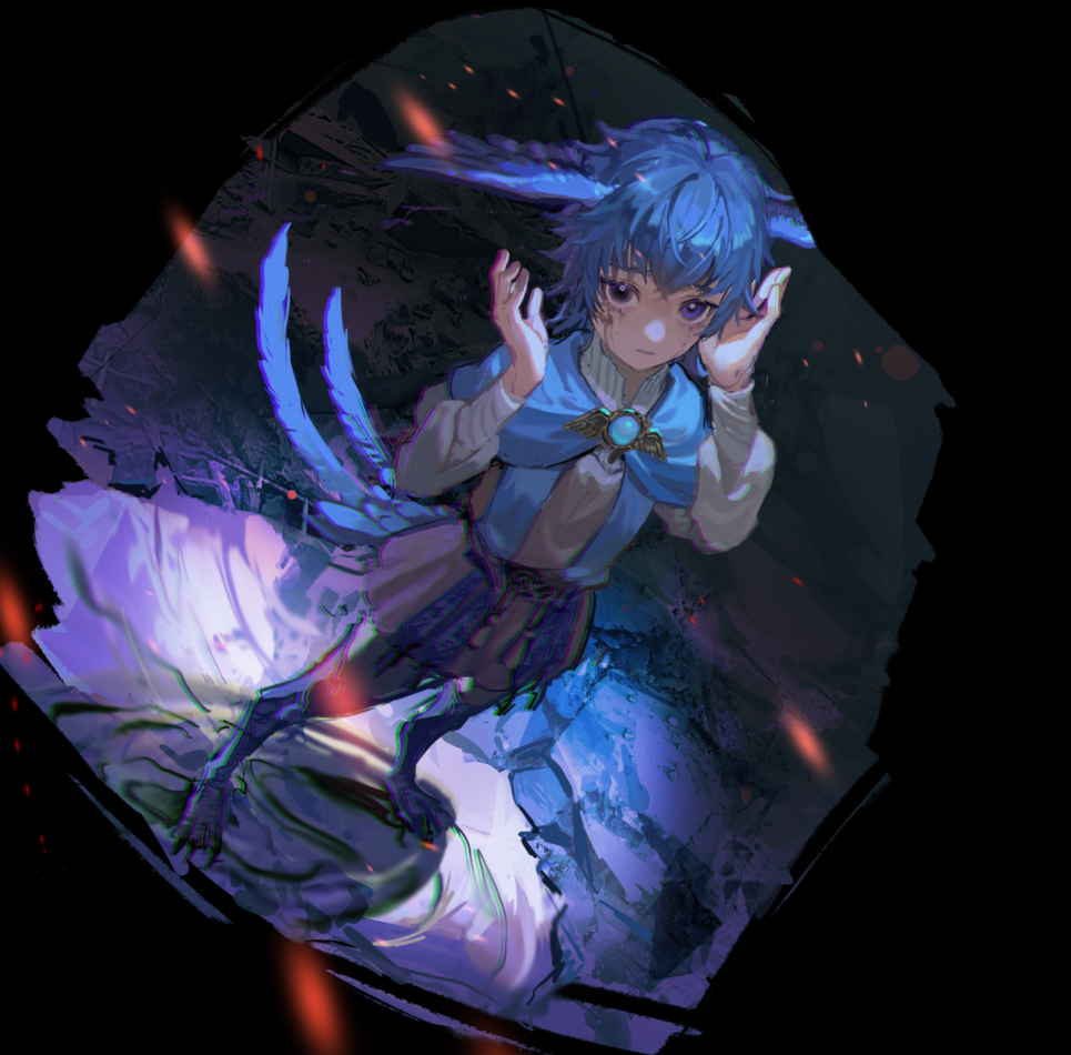 1girl bangs bird_girl bird_legs bird_tail bird_wings black_border black_eyes blue_capelet blue_eyes blue_gemstone blue_hair border brooch capelet chinese_commentary chromatic_aberration collared_dress commentary_request crack crater dirty dirty_face dress dutch_angle embers feathered_wings final_fantasy final_fantasy_xiv foreshortening from_above frown full_body gem grey_dress guan_tang_baozi hands_up head_wings heterochromia jewelry legs_apart long_sleeves looking_at_viewer meteion monster_girl outdoors puffy_long_sleeves puffy_sleeves sash short_hair solo spoilers standing tail wings wreckage