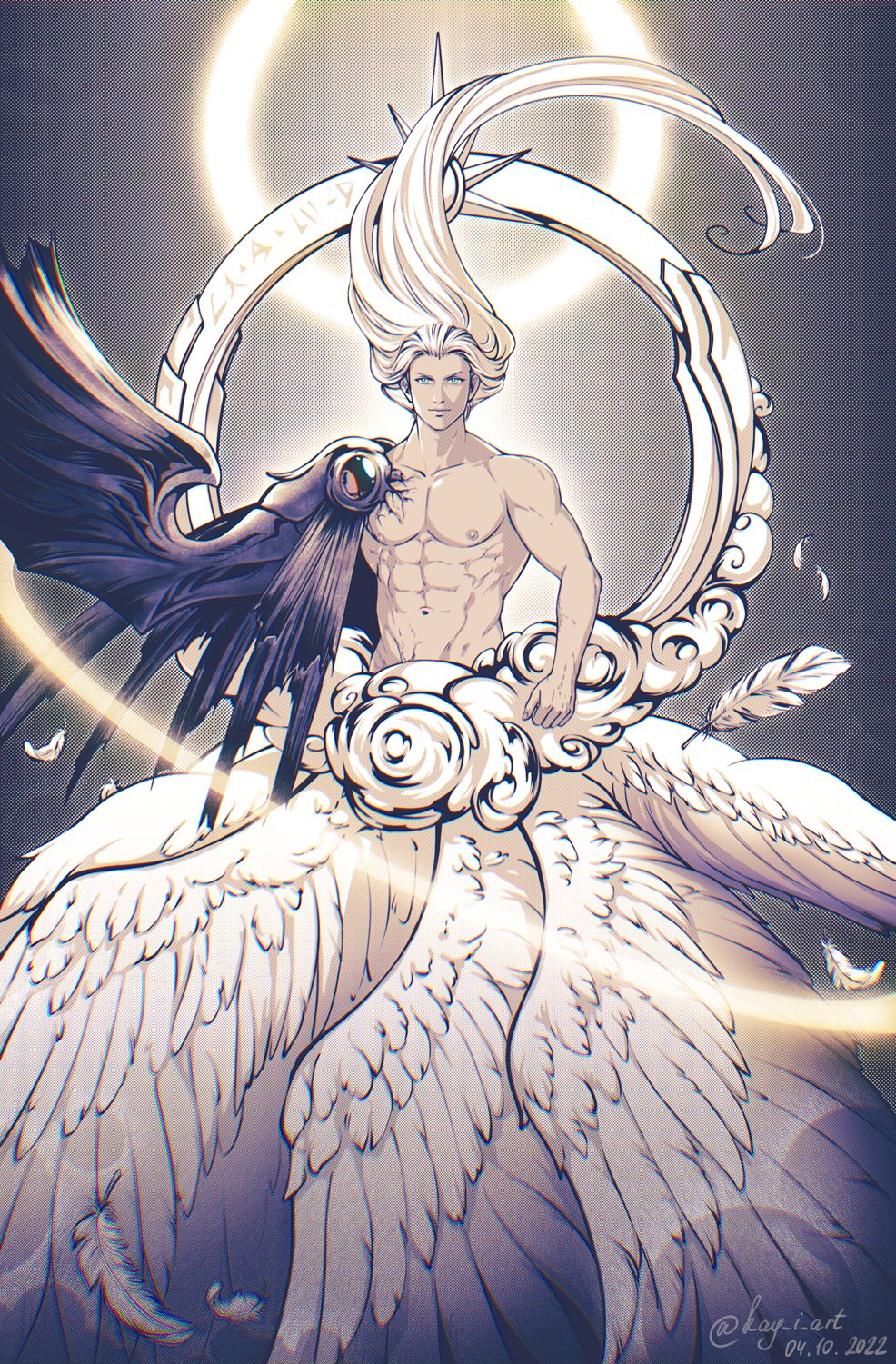 1boy abs aqua_eyes black_wings dated elena_ivlyushkina falling_feathers feathered_wings final_fantasy final_fantasy_vii halo highres long_hair looking_at_viewer male_focus multiple_wings muscular muscular_male muted_color official_alternate_costume pectorals safer_sephiroth sephiroth solo topless_male twitter_username white_hair white_wings wings