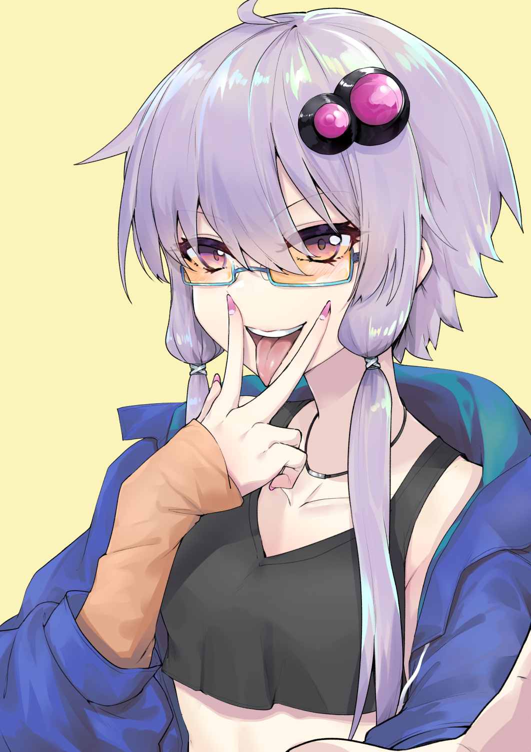 1girl a.i._voice ahoge black_shirt blue-framed_eyewear blue_jacket blush collarbone commentary_request crop_top cunnilingus_gesture glasses hair_between_eyes hair_ornament hairclip highres jacket long_sleeves looking_at_viewer open_clothes open_jacket open_mouth pink_nails purple_eyes purple_hair semi-rimless_eyewear shirt short_hair_with_long_locks sidelocks simple_background solo tank_top teeth tongue tongue_out under-rim_eyewear upper_body upper_teeth v vocaloid voiceroid yellow_background yuzuki_yukari zooanime
