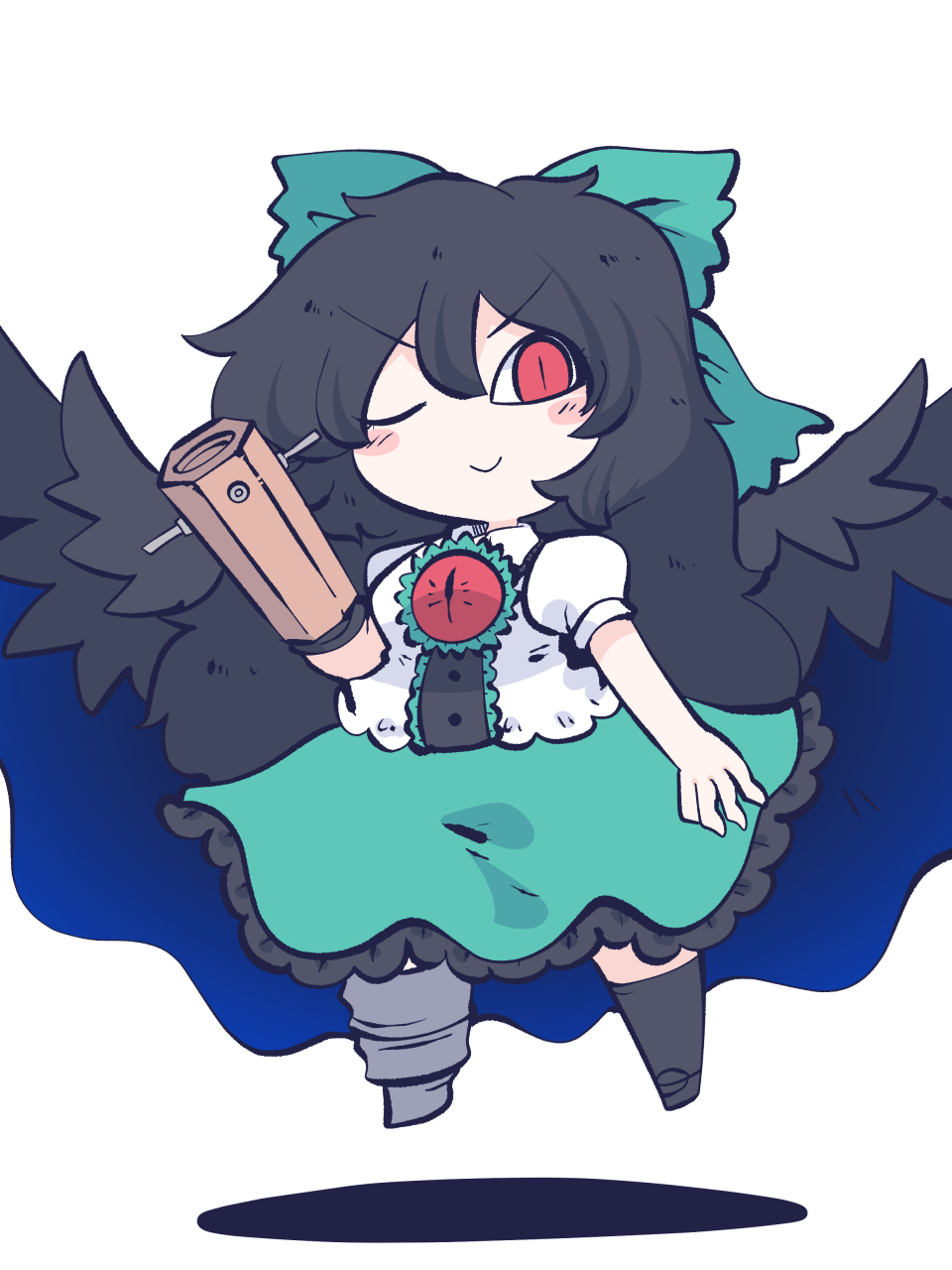 1girl arm_cannon bird_wings black_hair black_wings blush_stickers bow closed_mouth feathered_wings fried_rice0614 frilled_skirt frills full_body green_bow green_skirt hair_between_eyes hair_bow highres long_hair one-hour_drawing_challenge one_eye_closed puffy_short_sleeves puffy_sleeves red_eyes reiuji_utsuho shirt short_sleeves simple_background skirt smile solo third_eye touhou weapon white_background white_shirt wings