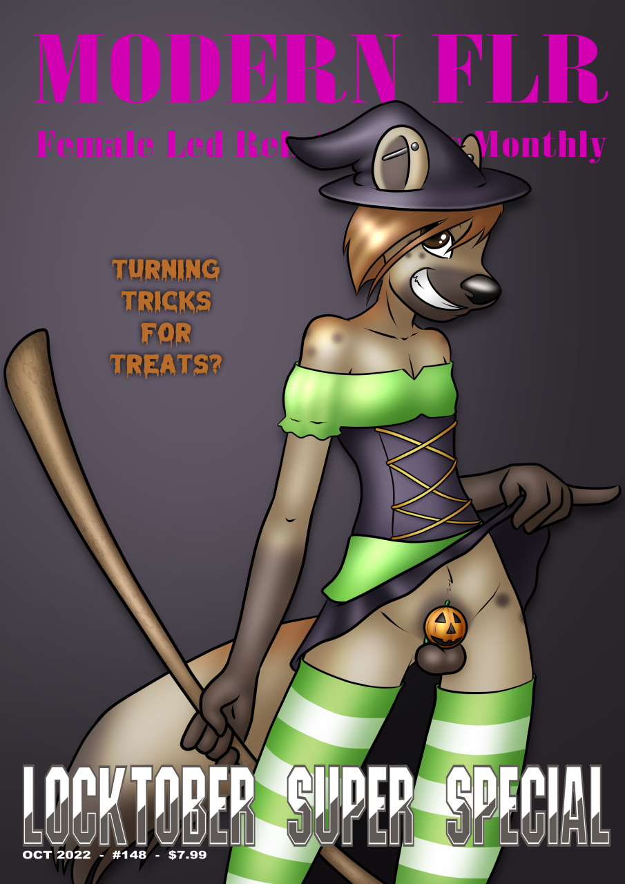 anthro balls black_nose black_spots bottomwear broom brown_eyes brown_hair chastity_cage chastity_device cleaning_tool clothed clothing clothing_lift cover crossdressing danaume ear_piercing ear_stud english_text front_view genitals girly grin hair halloween hat headgear headwear hi_res holding_broom holding_cleaning_tool holding_object holidays hyaenid legwear locktober looking_at_viewer magazine_cover male mammal no_underwear pattern_clothing pattern_legwear pattern_stockings penis piercing presenting presenting_penis simple_background skirt skirt_lift slutty_clothing smile solo spots spotted_body standing stockings striped_clothing striped_legwear striped_stockings stripes tan_body teeth text witch_hat