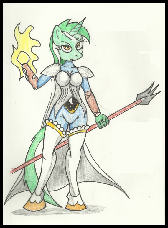 anthro biped cape castlevania clothing equid equine female friendship_is_magic glowing_arms graphite_(artwork) green_body green_eyes hasbro hooves horn horse konami lyra_heartstrings_(mlp) mammal medieval_armor melee_weapon my_little_pony pencil_(artwork) polearm pony reddragonkan solo spear traditional_media_(artwork) trident unicorn video_games weapon yellow_eyes