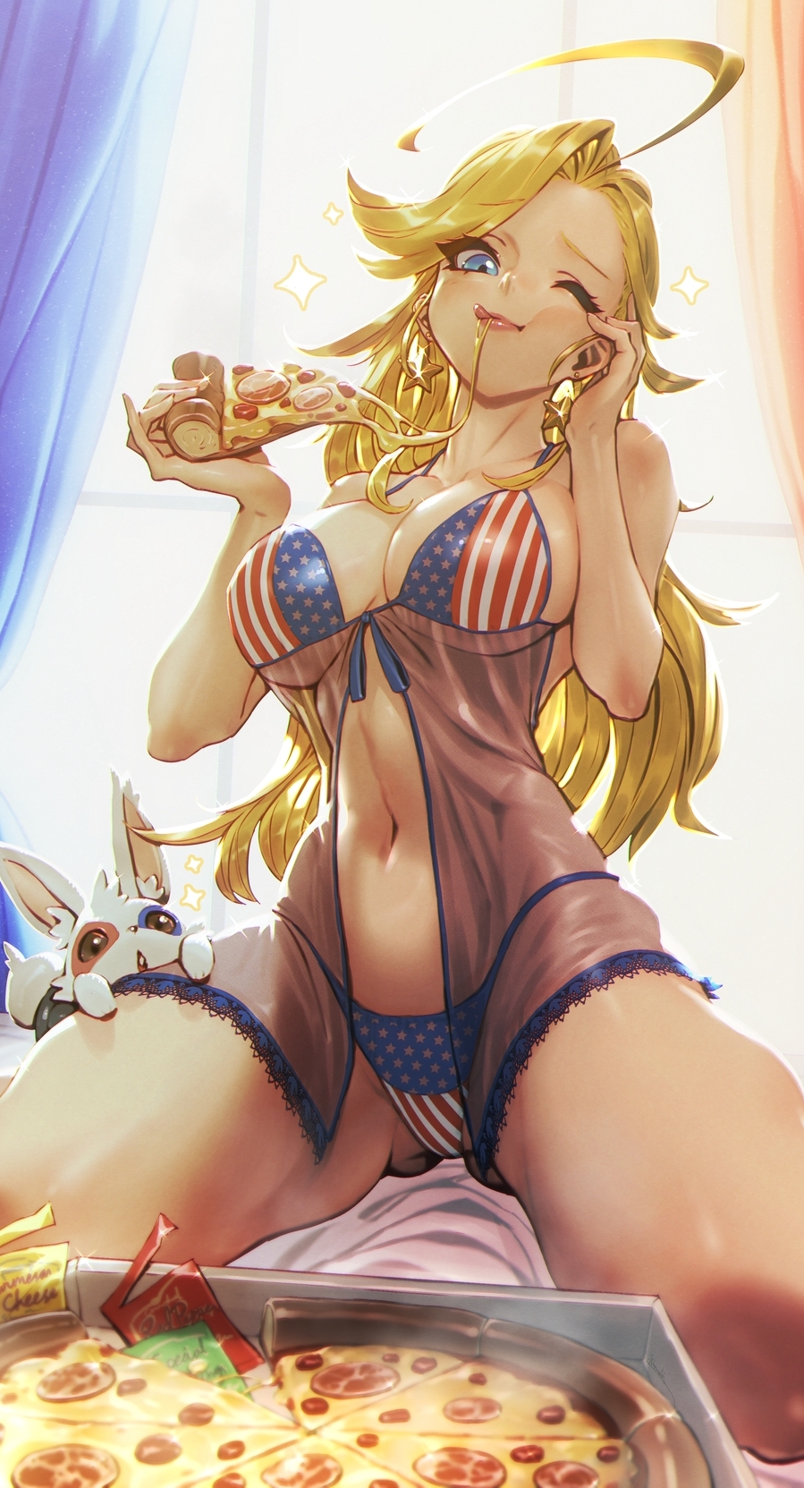 ahoge american_flag american_flag_bikini american_flag_print ass_visible_through_thighs asymmetrical_bangs bangs bare_legs bikini blonde_hair blue_eyes breasts collarbone earrings flag_print food food_in_mouth forehead from_below hand_on_own_head hare_trigger highleg highleg_bikini highres indoors jewelry kamen_america kamen_america_(comic) kio_naoki lace_trim large_breasts long_hair looking_at_viewer navel nightgown nose one_eye_closed patriotism pizza rabbit see-through sitting star_(symbol) star_earrings swimsuit thick_eyelashes thighs tongue tongue_out underboob wariza window