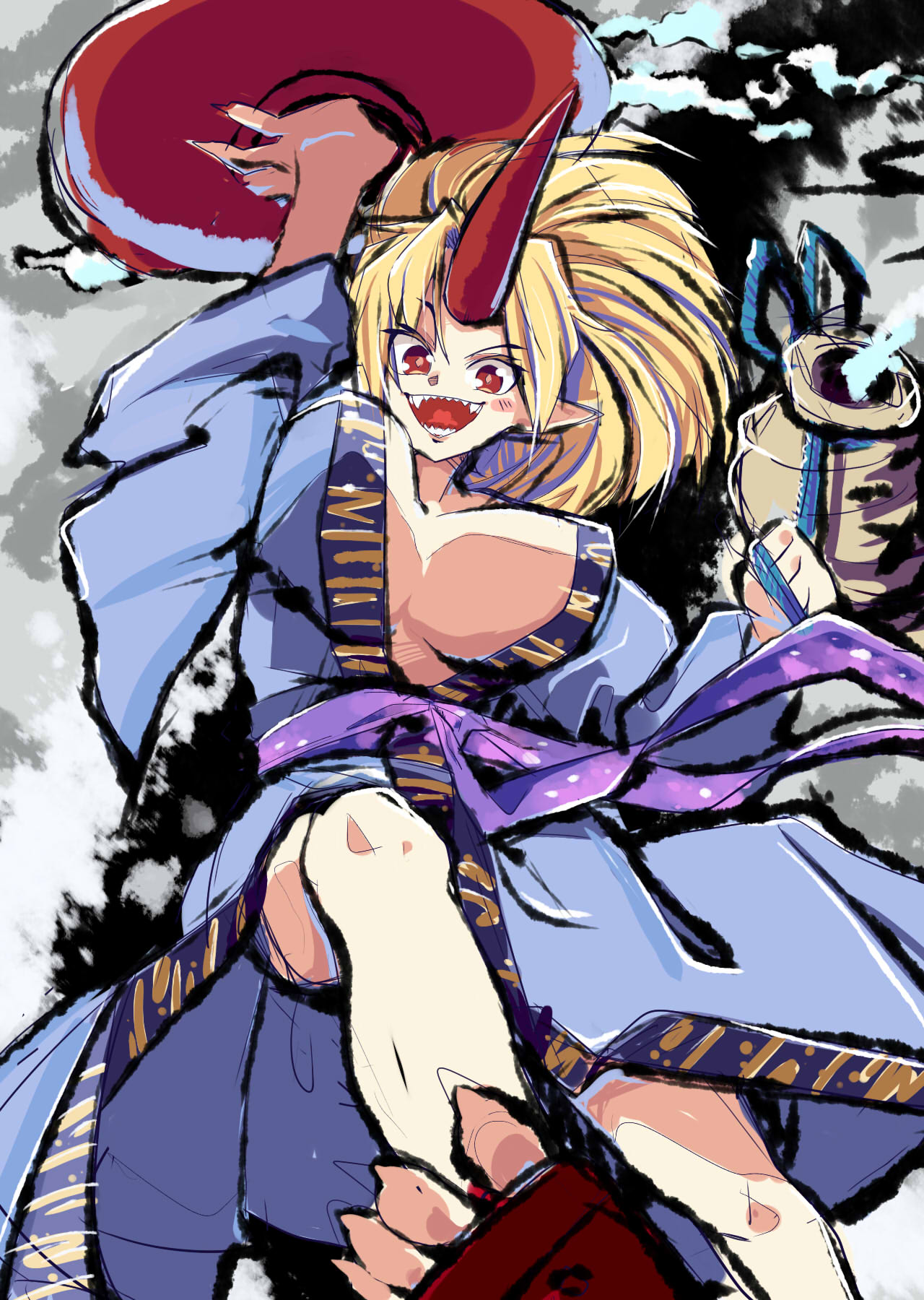 1girl alcohol blonde_hair blue_kimono breasts cup fangs fufuyomumusu gourd highres holding holding_cup horns hoshiguma_yuugi hoshiguma_yuugi_(promo) huge_breasts japanese_clothes kimono looking_at_viewer obi oni oni_horns open_clothes open_kimono open_mouth pointy_ears ponytail red_eyes red_horns sakazuki sake sandals sash sharp_teeth single_horn solo teeth touhou