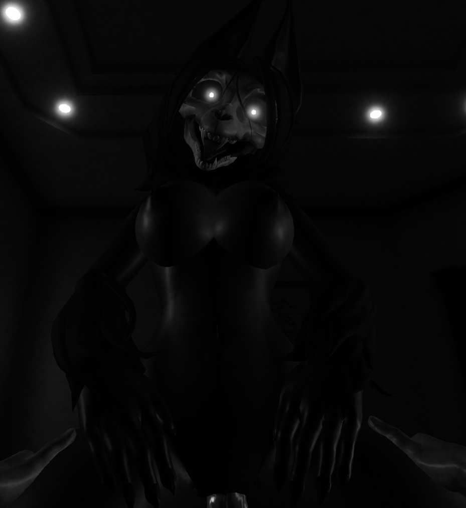 anthro bedroom breasts canid canine cowgirl_position duo female from_front_position garwaron glowing glowing_eyes goat_vr greyscale looking_at_viewer male male/female mammal mask monochrome monster on_bottom on_top scp-1471-a scp_foundation sex skull_mask