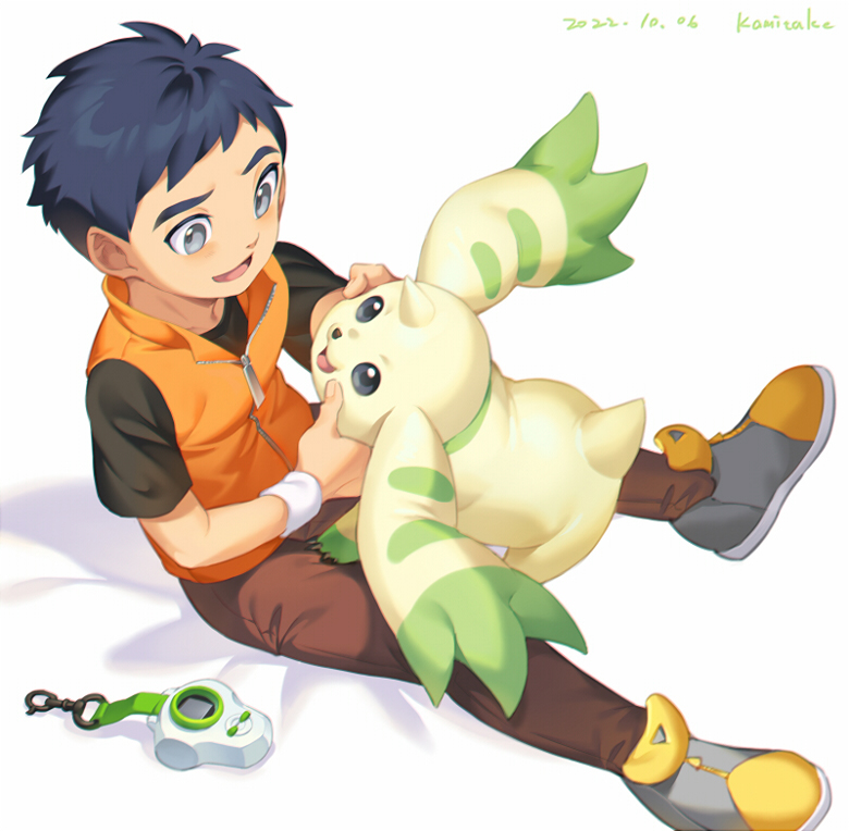 anthro bandai_namco blue_hair cr72kamitake digimon digimon_(species) duo embrace fur hair henry_wong horn hug human long_ears male mammal smile terriermon white_body white_fur