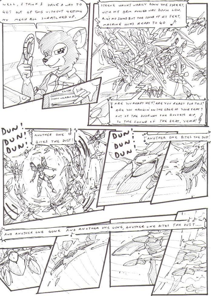 aircraft anthro black_and_white border cd cd_player click clothing comic destroyed_vehicle destruction dialogue english_text holding_cd holding_object immobilization kitfox-crimson loudspeaker machine male mammal marsupial mecha monochrome music musical_note onomatopoeia outside_border pockets queen_(band) ray_(kitfox-crimson) shirt sketch solo sound_effects sound_wave speech_bubble text topwear unknown_species