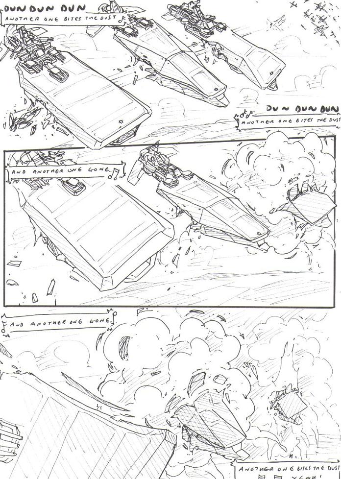 aircraft black_and_white border cloud comic destroyed_vehicle destruction english_text explosion field flying_machine kitfox-crimson lyrics machine mecha monochrome motion_lines mountain music musical_note onomatopoeia outside_border queen_(band) sketch sky smoke sound_effects speech_bubble speed_lines text zero_pictured