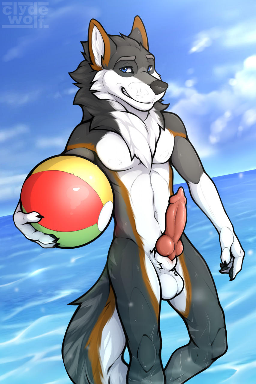 animal_genitalia animal_penis anthro ball balls beach beach_ball canid canine canine_penis canis clyde_wolf digital_media_(artwork) erection fur genitals hi_res inflatable knot looking_at_viewer male mammal nude outside penis sea seaside sheath simple_background smile solo water wolf