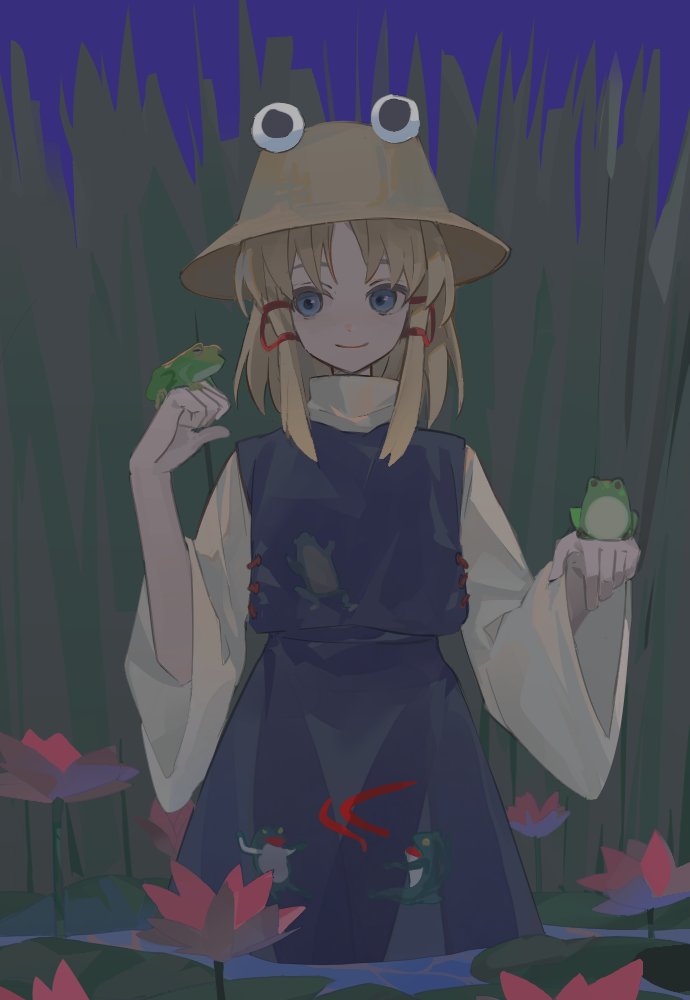 1girl animal_on_hand animal_print bangs blonde_hair blue_eyes cjsdh1000 closed_mouth commentary cowboy_shot flower frog frog_print hands_up hat lily_pad long_sleeves looking_at_animal medium_hair moriya_suwako parted_bangs pink_flower purple_skirt purple_vest shirt skirt smile solo tall_grass touhou turtleneck vest wading white_shirt wide_sleeves