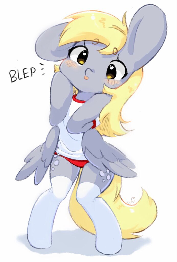 blonde_hair bottomwear bubbletea_(artist) clothing cutie_mark derpy_hooves_(mlp) dialogue digital_media_(artwork) equid equine eyebrow_through_hair eyebrows feathered_wings feathers female friendship_is_magic grey_body gym_clothing hair hasbro mammal my_little_pony one_ear_up panties pegasus semi-anthro signature simple_background solo standing tongue tongue_out topwear translucent translucent_hair underwear white_background wings yellow_eyes yellow_tail