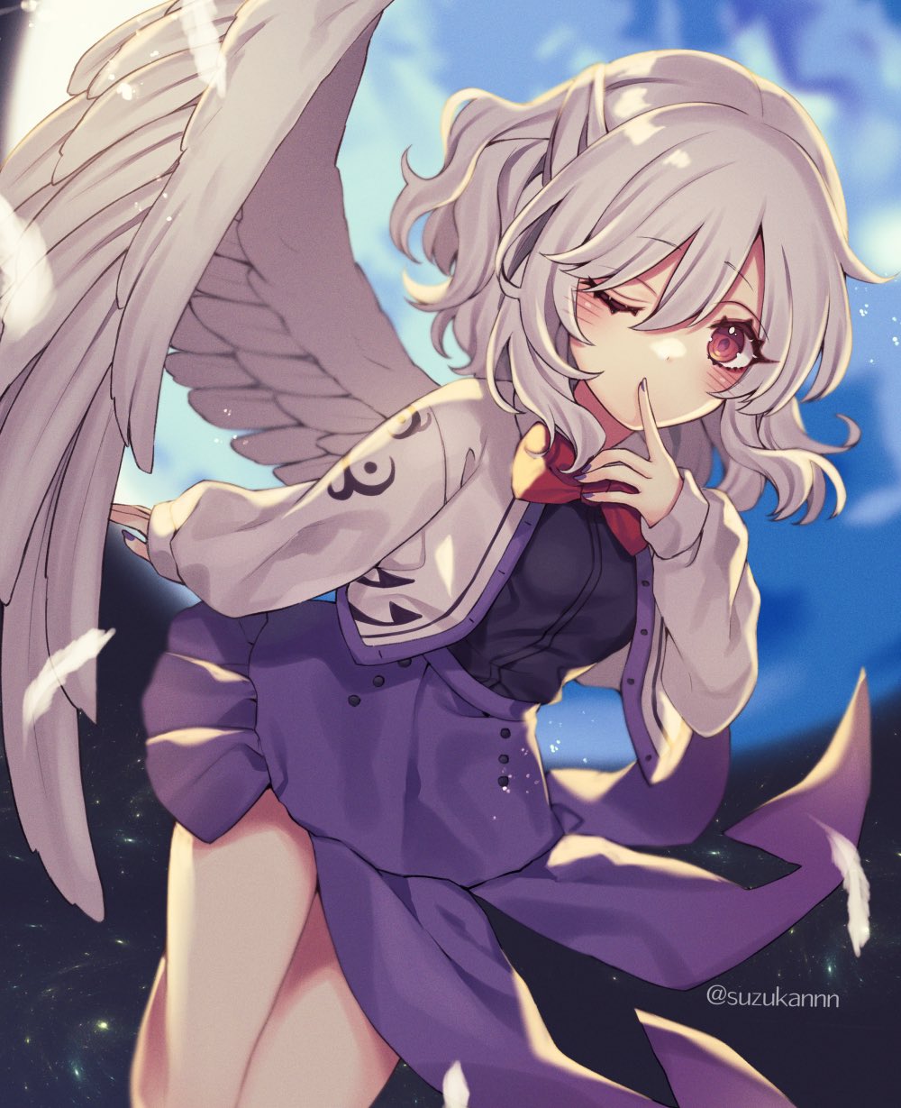 1girl angel_wings bow bowtie braid breasts buttons cardigan dress eyelashes feathered_wings feathers finger_to_mouth french_braid grey_hair highres kishin_sagume kyouda_suzuka long_sleeves looking_at_viewer medium_breasts one_eye_closed open_cardigan open_clothes purple_dress purple_nails red_bow red_bowtie red_eyes short_hair single_wing solo touhou wings