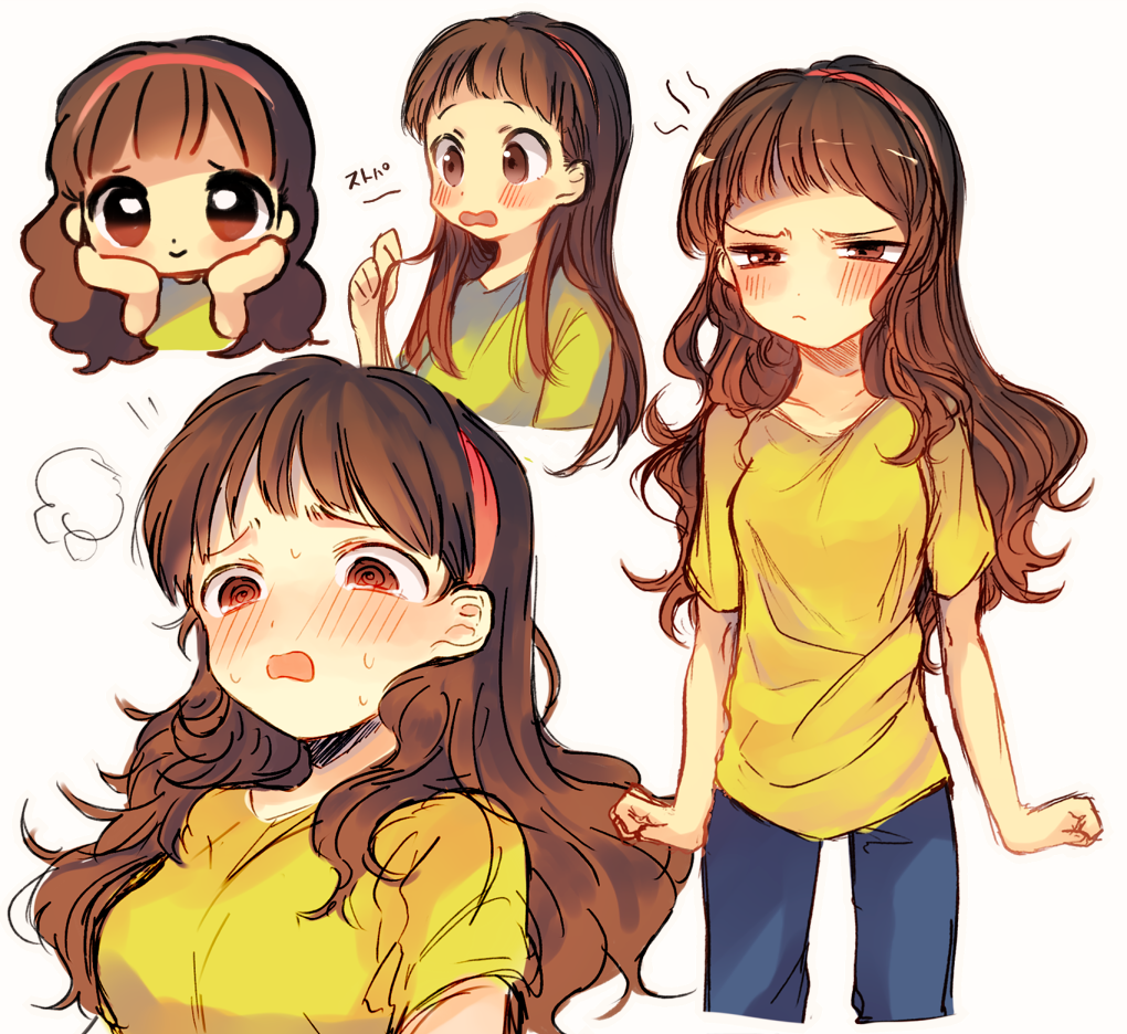 1girl blush brown_eyes brown_hair genderswap genderswap_(mtf) hairband long_hair morticia_smith morty_smith noko6 pocket_mortys rick_and_morty shirt solo sweatdrop yellow_shirt