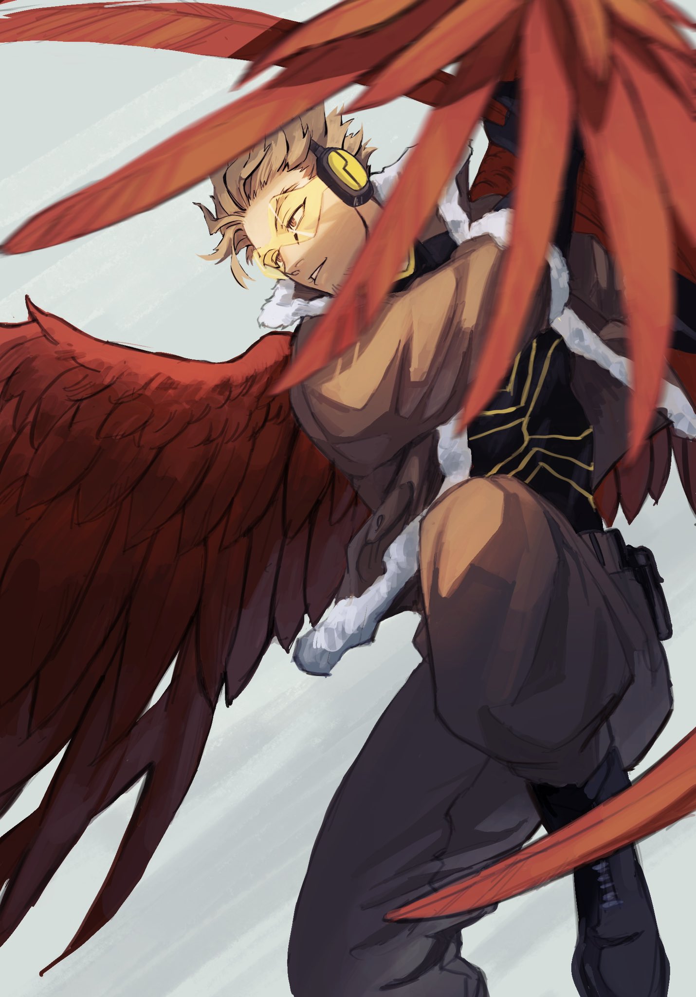 1boy blonde_hair boku_no_hero_academia bomber_jacket boots brown_pantyhose commentary facial_hair feathered_wings feathers gloves goggles hawks_(boku_no_hero_academia) headphones highres holding holding_feather jacket kogu_(nue_insideout) male_focus pantyhose parted_lips red_feathers red_wings short_hair solo spiked_hair stubble symbol-only_commentary tinted_eyewear wings yellow-tinted_eyewear