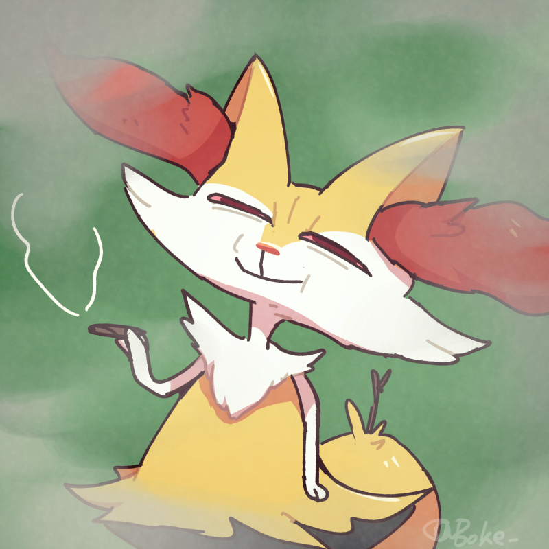 1:1 2022 ambiguous_gender anthro black_body black_fur bloodshot_eyes boke_(artist) braixen cheek_tuft digital_media_(artwork) drugs english_text facial_tuft fur generation_6_pokemon green_background holding_object inner_ear_fluff marijuana mouth_closed narrowed_eyes nintendo pokemon pokemon_(species) red_body red_fur red_inner_ear_fluff red_nose shaded signature simple_background smoke solo standing stick text tuft video_games white_arms white_body white_cheek_tuft white_fingers white_fur yellow_body yellow_ears yellow_fur yellow_tail