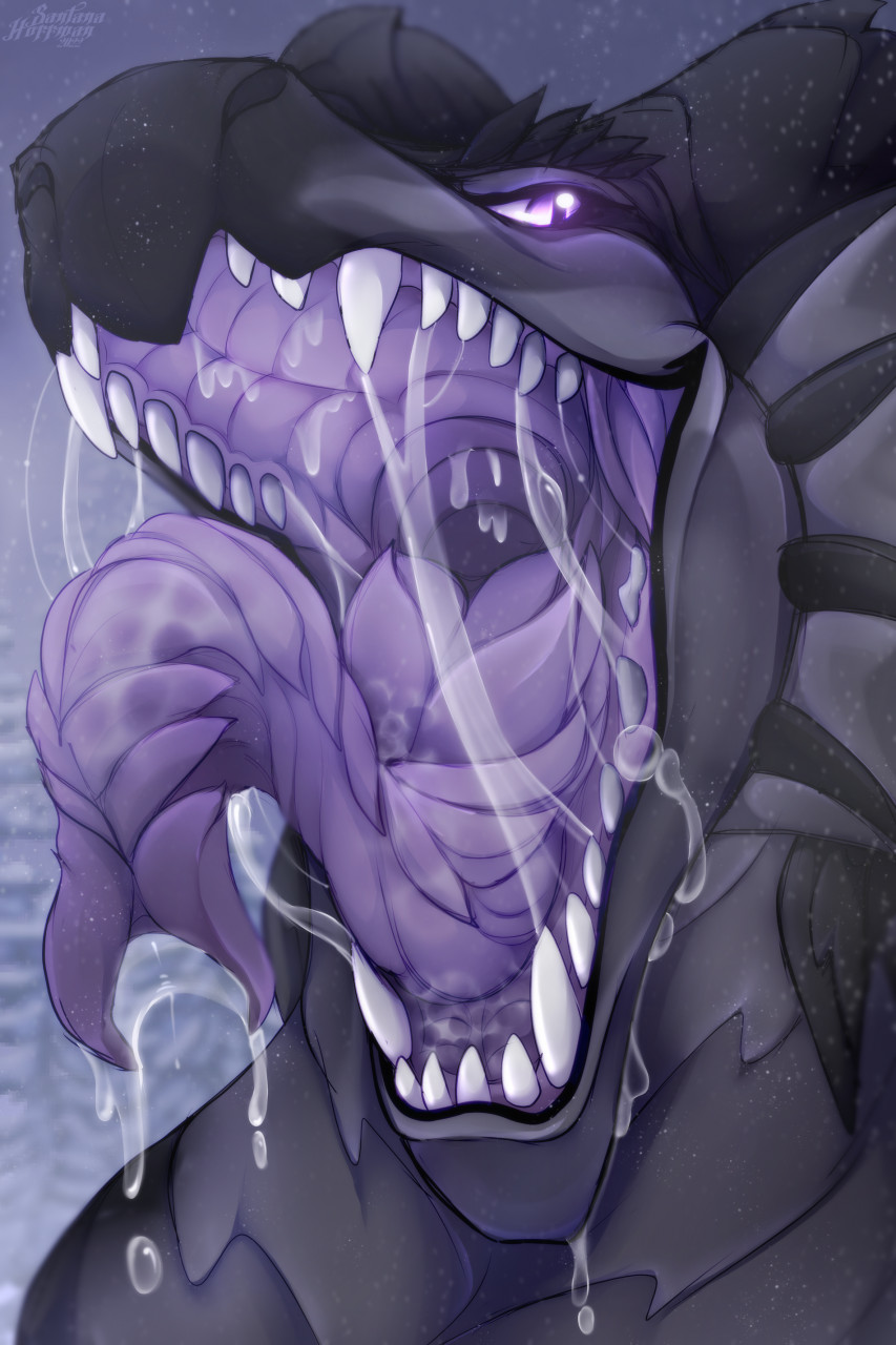 black_body black_horn bodily_fluids bust_portrait cheek_frill dragon drooling fangs forked_tongue front_view glistening glistening_eyes grey_body grey_frill hi_res horn male mouth_shot narrowed_eyes open_mouth open_smile outside plant portrait purple_eyes purple_tongue saliva saliva_on_chin saliva_on_tongue saliva_string santanahoffman smile snow snowing solo tongue tree unsigned unusual_anatomy unusual_tongue