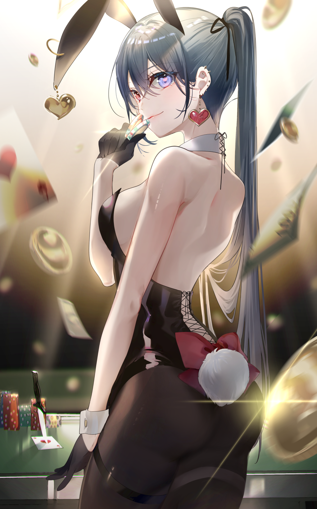 1girl animal_ears ass back_bow bangs bare_shoulders black_gloves black_leotard black_pantyhose blurry bow card choker commentary_request cowboy_shot earrings from_behind gloves grey_hair heart heart_earrings heterochromia high_ponytail highres jewelry leotard light long_hair looking_at_viewer miwano_rag money original pantyhose playboy_bunny poker_chip purple_eyes rabbit_ears rabbit_tail red_bow red_eyes smile standing strapless strapless_leotard table tail white_choker