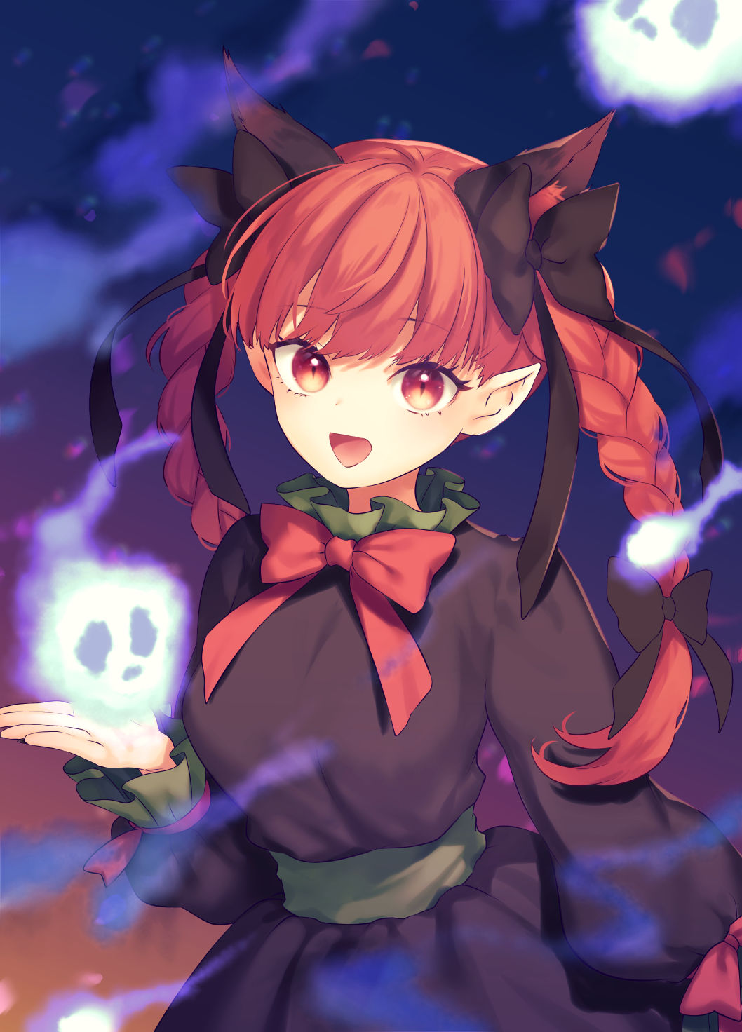 1girl animal_ears black_bow bow braid cat_ears cat_tail dress extra_ears full_moon hair_bow highres hitodama kaenbyou_rin long_sleeves moon multiple_tails pointy_ears red_eyes red_hair solo tail tomobe_kinuko touhou twin_braids