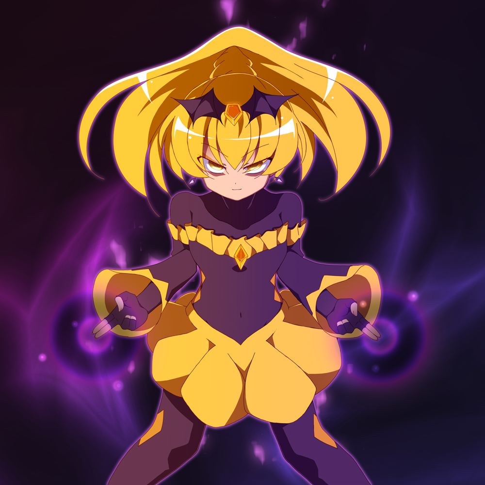 aura bad_end_peace bad_end_precure bags_under_eyes black_bodysuit black_headwear blonde_hair bodysuit breasts corruption dark_aura dark_persona evil evil_smile frilled_sleeves frills latex latex_bodysuit looking_at_viewer ponytail precure skirt small_breasts smile smile_precure! ts1016 yellow_eyes