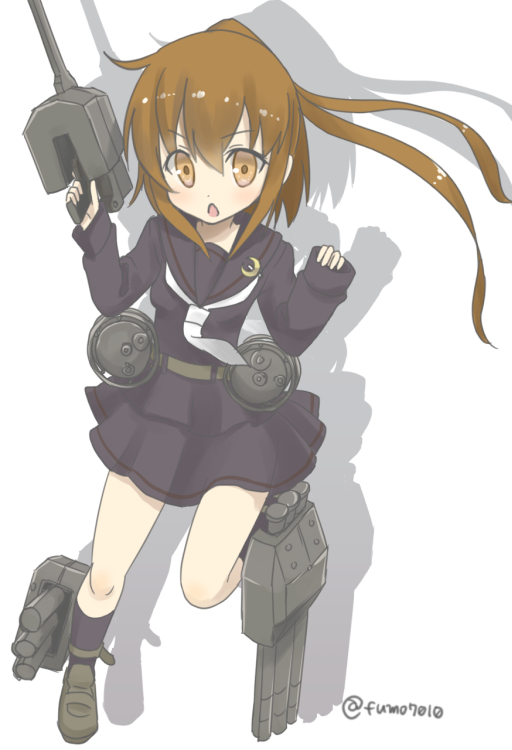 1girl adapted_turret black_serafuku black_shirt black_skirt black_socks brown_eyes brown_hair cannon chestnut_mouth crescent crescent_pin full_body fumizuki_(kancolle) kantai_collection kneehighs kujira_naoto loafers long_hair long_sleeves looking_at_viewer machinery necktie ponytail school_uniform serafuku shirt shoes skirt socks solo torpedo_launcher turret twitter_username white_background white_necktie