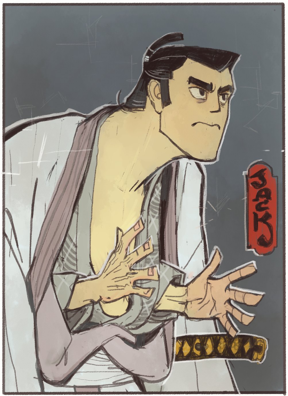 1boy black_eyes black_hair border character_name closed_mouth fine_art_parody frown grey_background highres japanese_clothes katana kimono looking_afar male_focus mossacannibalis otani_oniji_iii_as_yakko_edobei parody samurai_jack samurai_jack_(character) short_hair solo sword topknot upper_body weapon white_border white_kimono