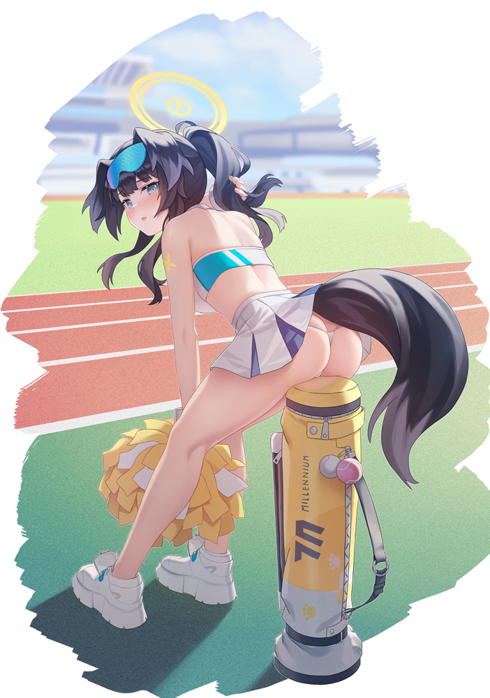 1girl animal_ears ass bare_shoulders blue_archive blue_eyes blush cheerleader crop_top dog_girl dog_tail halo hibiki_(blue_archive) hibiki_(cheerleader)_(blue_archive) official_alternate_costume open_mouth panties shoes sitting skirt sneakers solo tail thighs underwear zi_se