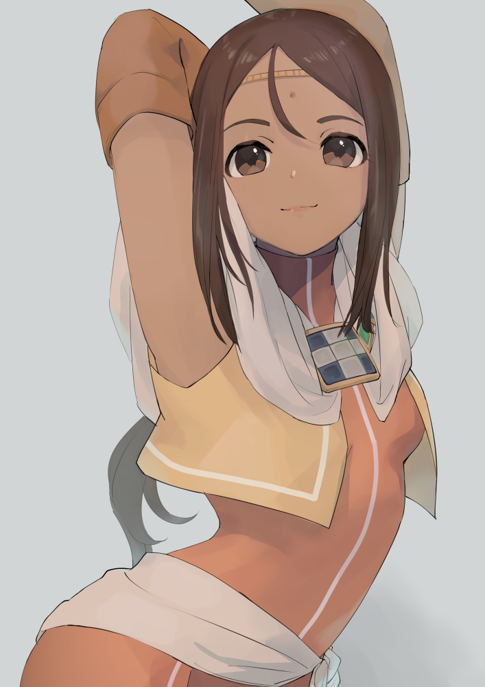 1girl arm_warmers arms_up brown_hair burisuke character_request dark-skinned_female dark_skin facial_mark forehead_mark long_hair looking_at_viewer radiata_stories simple_background solo standing