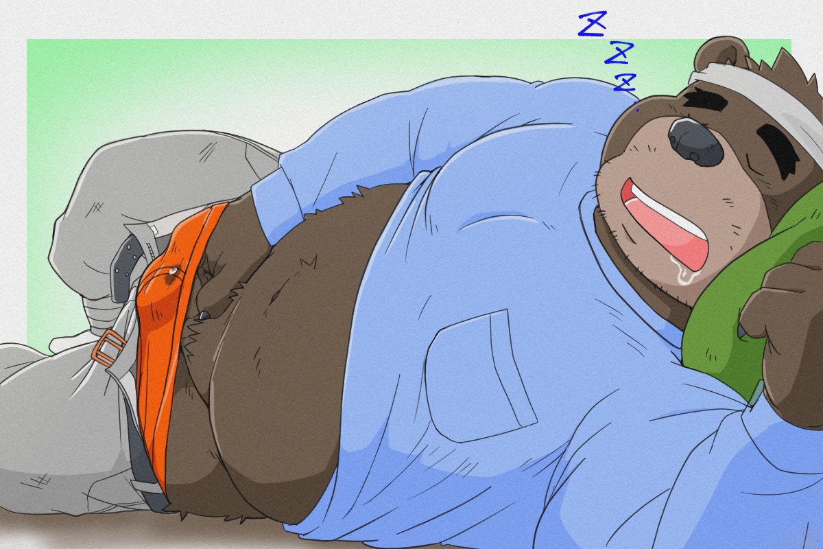 2022 anthro belly black_nose bodily_fluids bottomwear brown_body clothing eyes_closed genital_fluids humanoid_hands kemono male mammal overweight overweight_male pants pillow precum shibatanukiti sleeping solo underwear ursid