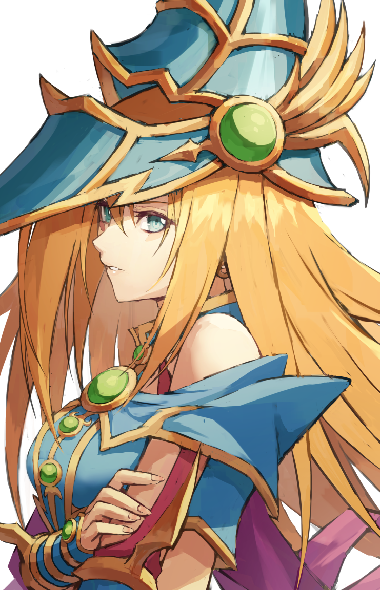 1girl arm_at_side blonde_hair blue_eyes breasts detached_sleeves duel_monster fagi_(kakikaki) hat long_hair magician's_valkyria parted_lips solo wizard_hat yu-gi-oh!