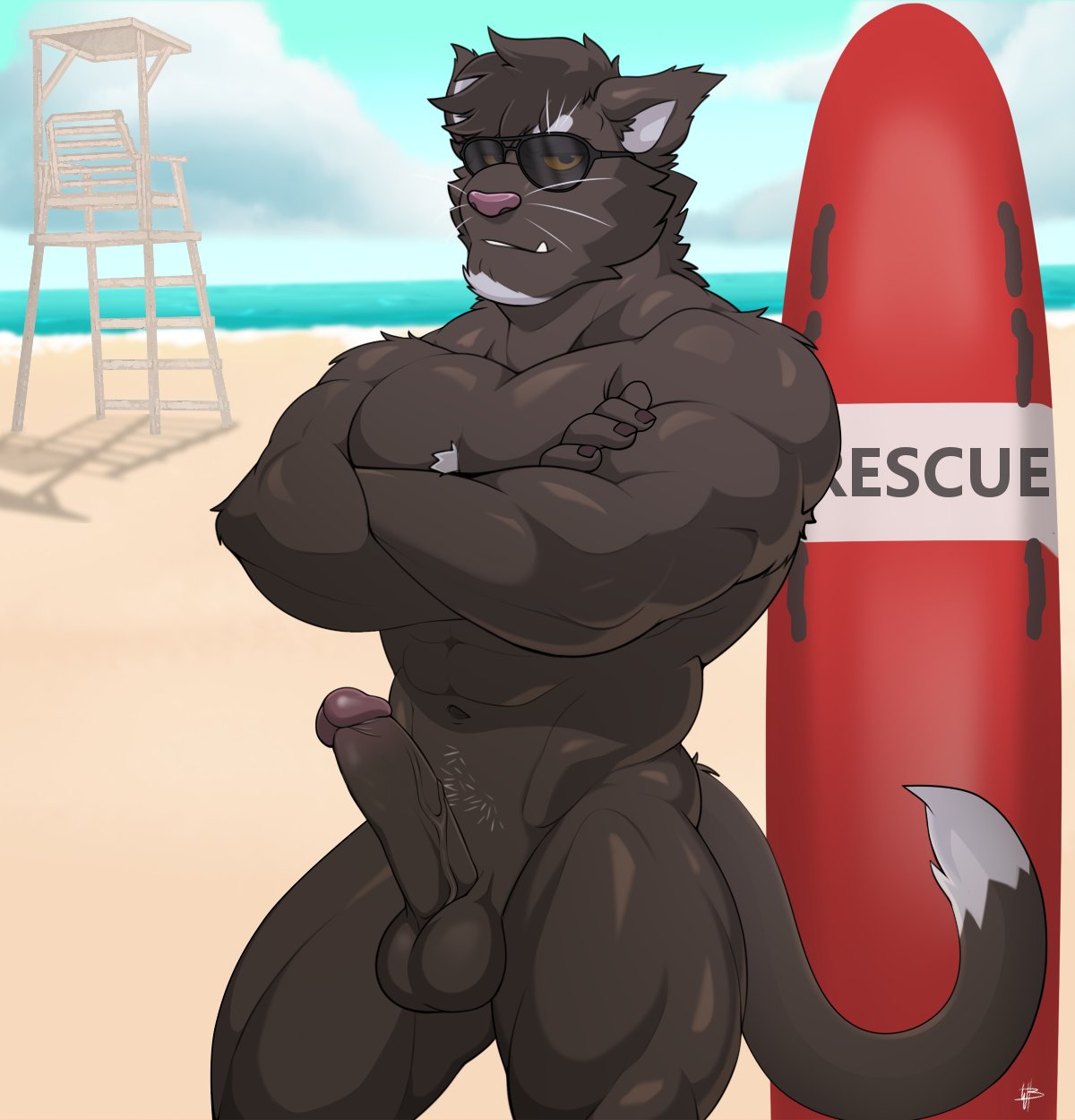 anthro balls beach chest_tuft crossed_arms erection eyewear felid feline genitals hi_res lifeguard_tower looking_at_viewer male mammal muscular nude penis seaside solo sunglasses surfboard tuft vein veiny_penis wolfybuns
