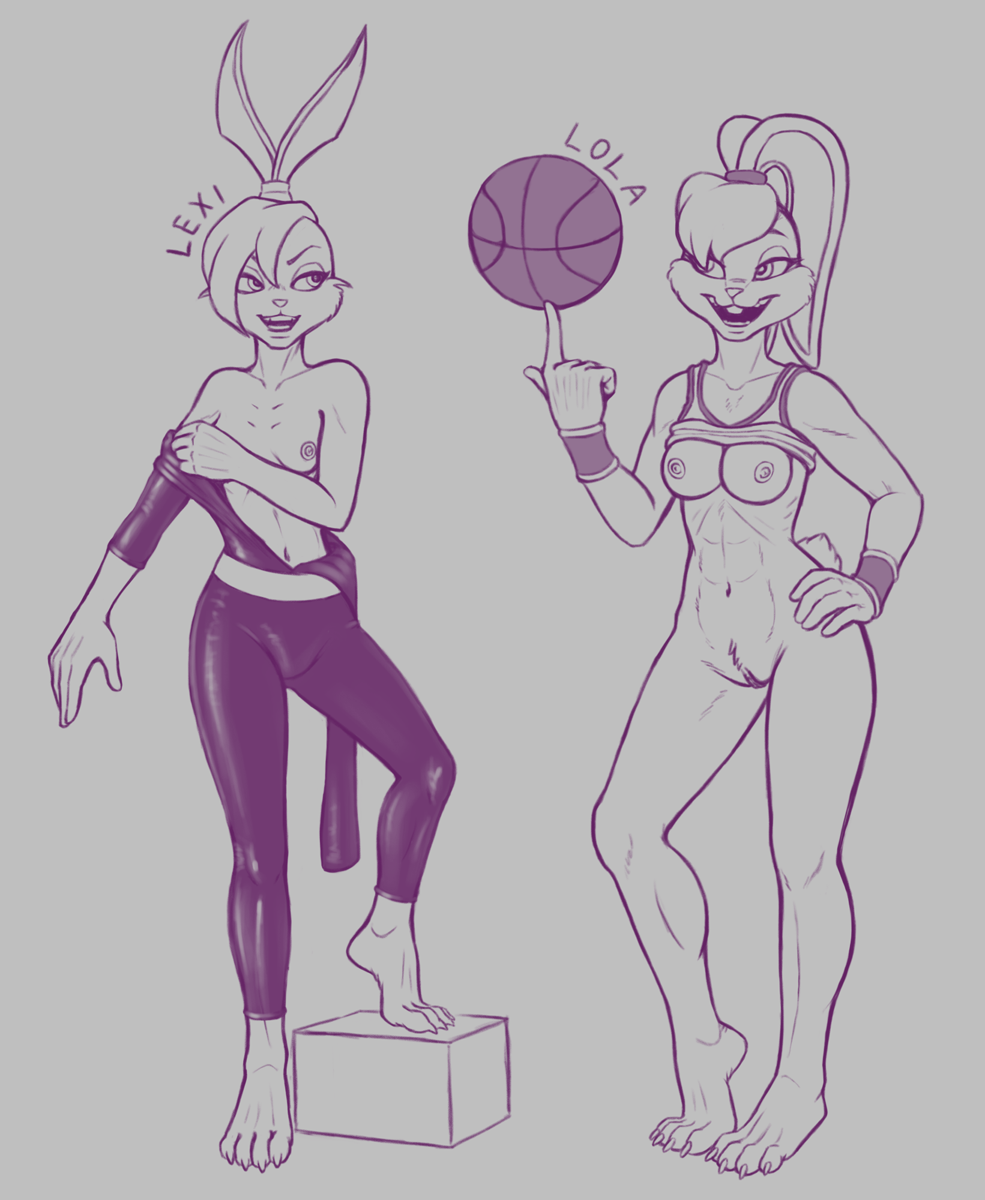 2018 4_toes 5_fingers analpaladin anthro athletic athletic_anthro athletic_female ball basketball_(ball) bottomless breasts buckteeth claws clothed clothing clothing_lift dressing duo eye_contact feet female fingers fur genitals hair hi_res jersey jumpsuit lagomorph leporid lexi_bunny lola_bunny looking_at_another loonatics_unleashed looney_tunes mammal monochrome mostly_nude navel nude open_clothing open_mouth open_smile plantigrade pubes pussy rabbit raised_foot raised_leg shirt shirt_lift small_breasts smile space_jam standing sweatband teeth tied_ears tight_clothing toe_claws toes topwear uniform warner_brothers wide_hips wristband