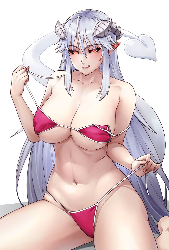 1girl :q bare_shoulders bikini black_sclera breasts collarbone colored_sclera commentary demon_girl demon_tail english_commentary horns large_breasts lilim_(monster_girl_encyclopedia) long_hair maritan_(pixelmaritan) monster_girl_encyclopedia naughty_face navel orange_eyes pointy_ears red_bikini sidelocks simple_background sitting smile solo strap_slip string_bikini swimsuit tail tongue tongue_out very_long_hair white_background white_hair