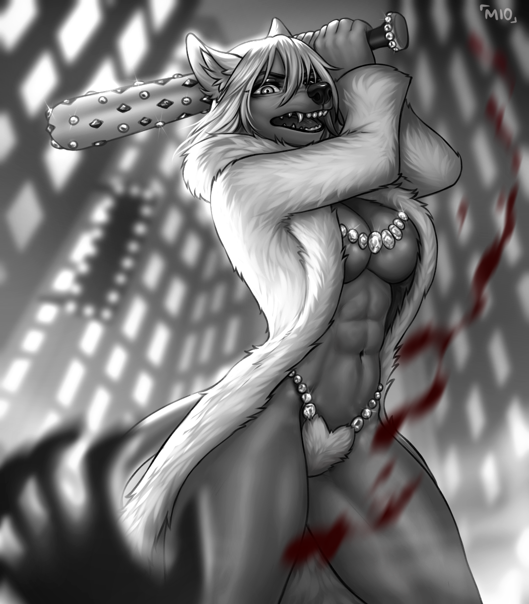 2022 5_fingers abs angry anthro athletic athletic_anthro athletic_female baseball_bat bat_(object) beating blood bodily_fluids breasts canid canine canis chinese_crested_dog city cleavage clothed clothing coat digital_media_(artwork) domestic_dog fangs female fingers first_person_view fur_coat fur_thong gem greyscale hair hairless hairless_dog hi_res holding_baseball_bat humanoid_hands jewelry looking_at_viewer low-angle_view mammal mature_anthro mature_female miosha monochrome navel open_mouth signature sixty skimpy solo studded_baseball_bat teeth thong tongue topwear toy_dog underwear violence
