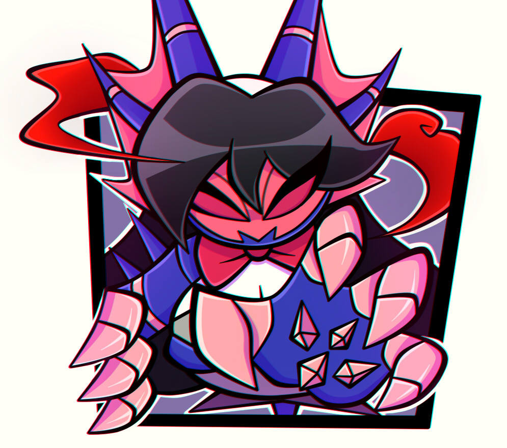 anthro black_hair bow_tie breaking_the_fourth_wall breasts claws cleavage clothed clothing empty_eyes eternatus female generation_8_pokemon hair legendary_pokemon long_hair multicolored_body nelljoestar nintendo pokemon pokemon_(species) reaching_towards_viewer red_claws red_eyes solo video_games