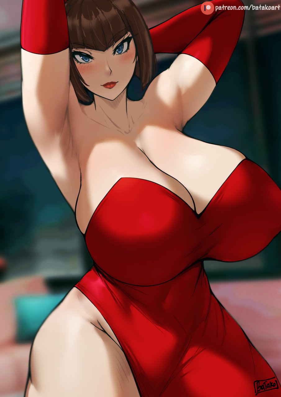 1girl anna_williams armpits artist_name batako_(pixiv54063972) blue_eyes blurry blurry_background breasts brown_hair cleavage covered_navel dress elbow_gloves gloves groin highres huge_breasts looking_at_viewer red_dress red_gloves red_lips short_hair solo tekken thighs wide_hips