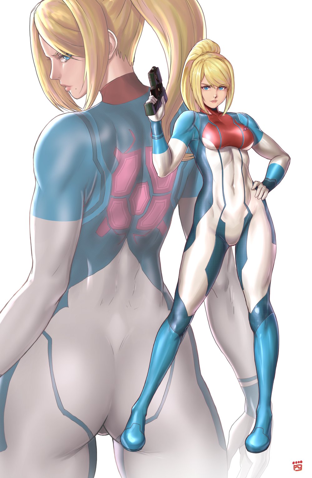 1girl ass bangs blonde_hair blue_eyes bodysuit breasts closed_mouth commentary covered_navel energy_gun finalcake flat_ass full_body gun hand_on_hip hand_up handgun highres holding holding_weapon lips long_hair long_sleeves looking_at_viewer looking_back medium_breasts metroid metroid_dread mole mole_under_mouth multiple_views ponytail samus_aran shiny shiny_clothes shiny_hair signature skin_tight smile turtleneck weapon zero_suit