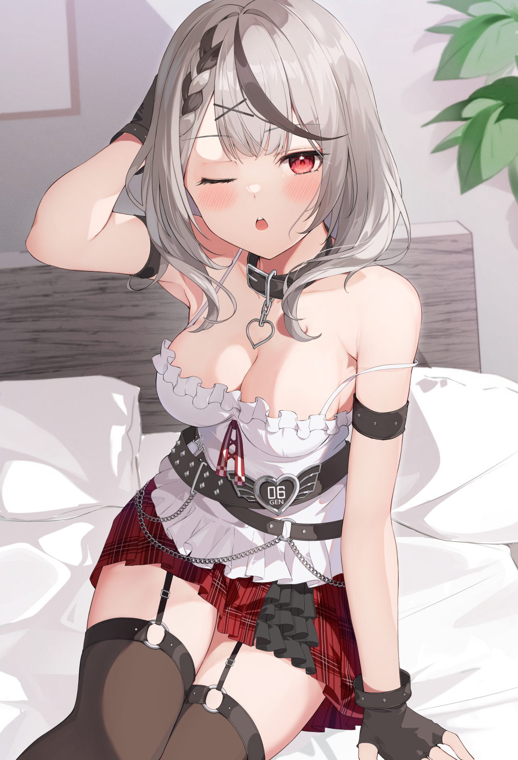 1girl ;o arm_strap arm_up armpit_crease auui bare_shoulders bed belt black_belt black_collar black_gloves black_thighhighs blush breasts camisole cleavage collar fingerless_gloves frills garter_straps gloves grey_hair highres hololive indoors looking_at_viewer medium_breasts medium_hair miniskirt no_jacket on_bed one_eye_closed pillow plaid plaid_skirt red_eyes sakamata_chloe sitting skirt solo strap_slip thighhighs virtual_youtuber white_camisole zettai_ryouiki