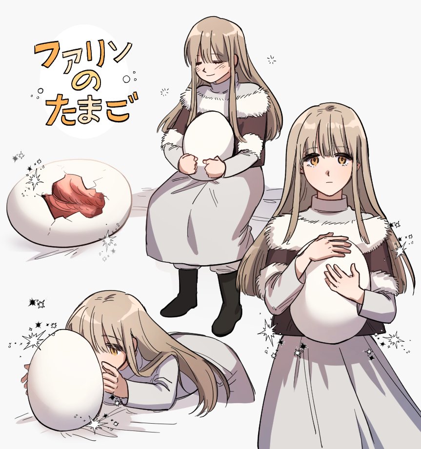 1girl aged_down bed_sheet bent_over child closed_eyes closed_mouth cracked_egg ddrro dress dungeon_meshi egg falin_thorden female_child fur_trim hatching holding holding_egg korean_commentary light_brown_hair long_hair long_sleeves looking_at_viewer looking_away multiple_views on_bed pants pants_tucked_in simple_background sitting smile sparkle standing unusually_open_eyes white_background white_dress white_pants winter_clothes yellow_eyes