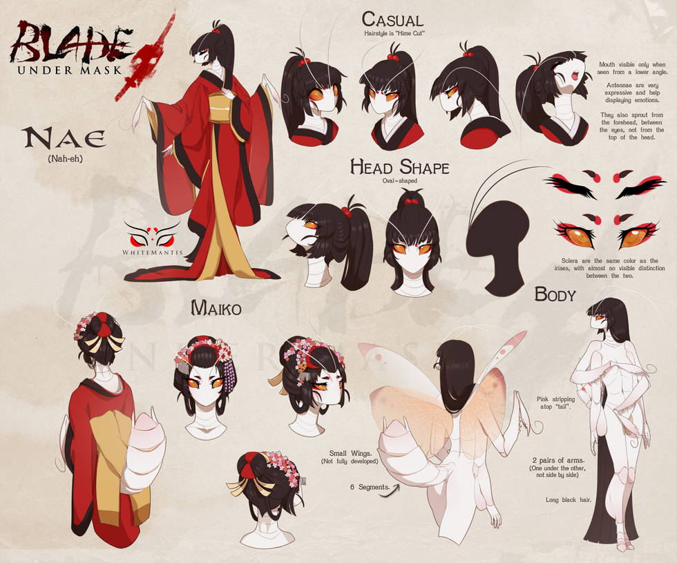 anthro arthropod asian_clothing clothing east_asian_clothing female geisha humanoid insect japanese_clothing mantis model_sheet nae nae_(blade_under_mask) reference_image solo unknown_artist