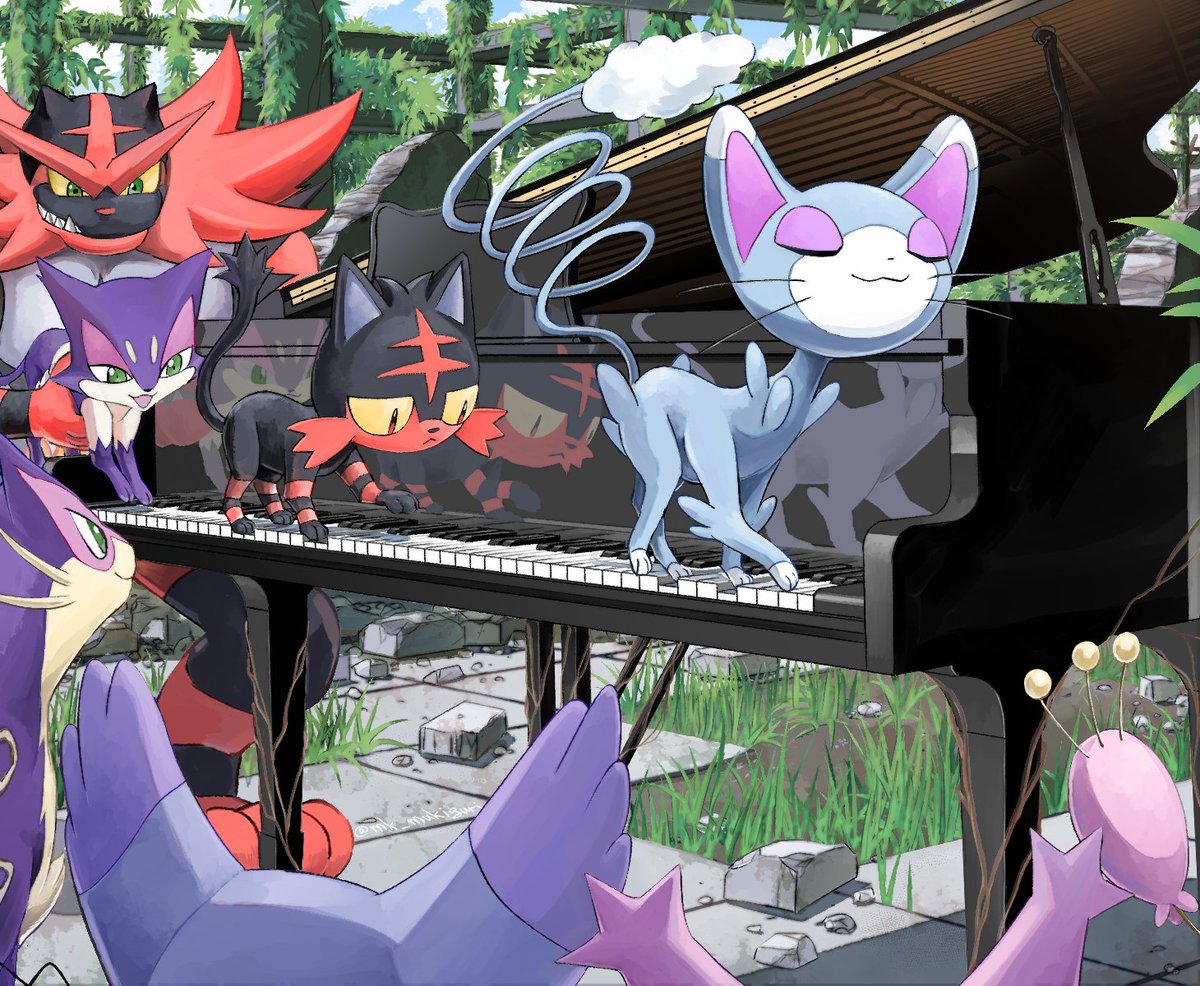 :&lt; :d closed_eyes closed_mouth colored_sclera commentary_request day delcatty glameow grass green_eyes holding holding_pokemon incineroar instrument liepard litten looking_down mukiguri no_humans open_mouth piano pokemon pokemon_(creature) purrloin purugly reflection sharp_teeth skitty smile standing teeth yellow_sclera