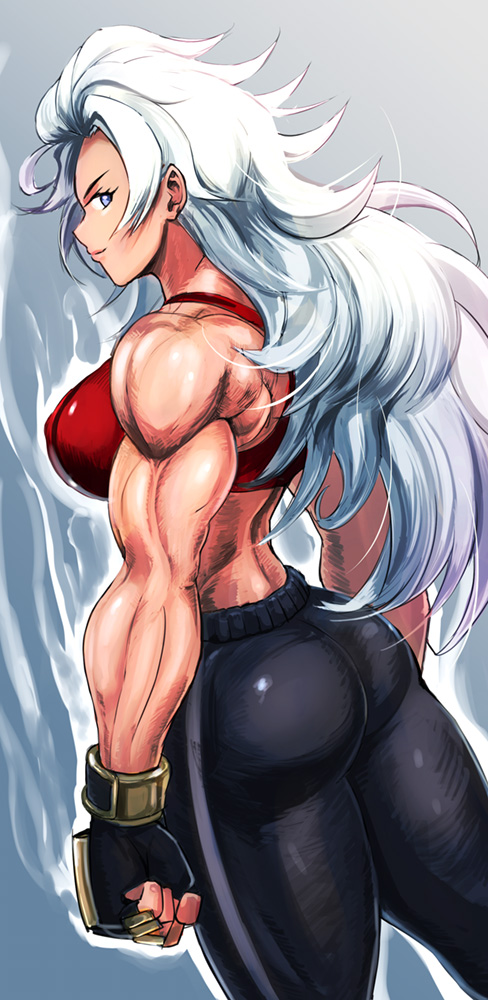 1girl ass back biceps breasts crop_top double_dragon from_behind kunio-kun_series large_breasts long_hair looking_at_viewer looking_back marion_(double_dragon) midriff muscular muscular_female navel obliques pants river_city_girls shopyun sideboob solo sports_bra sportswear stomach tank_top thick_thighs thighs toned white_hair yoga_pants