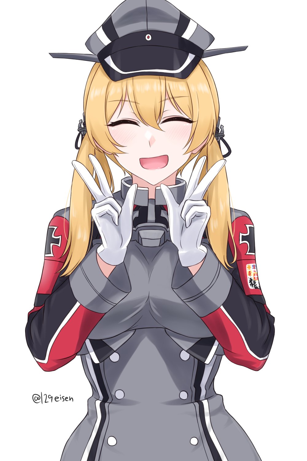 1girl anchor_hair_ornament blonde_hair closed_eyes commentary_request cross double_v facing_viewer gloves hair_ornament hat highres ibuki_eisen iron_cross kantai_collection long_hair low_twintails military military_hat military_uniform peaked_cap prinz_eugen_(kancolle) simple_background smile solo twintails uniform upper_body v white_background white_gloves