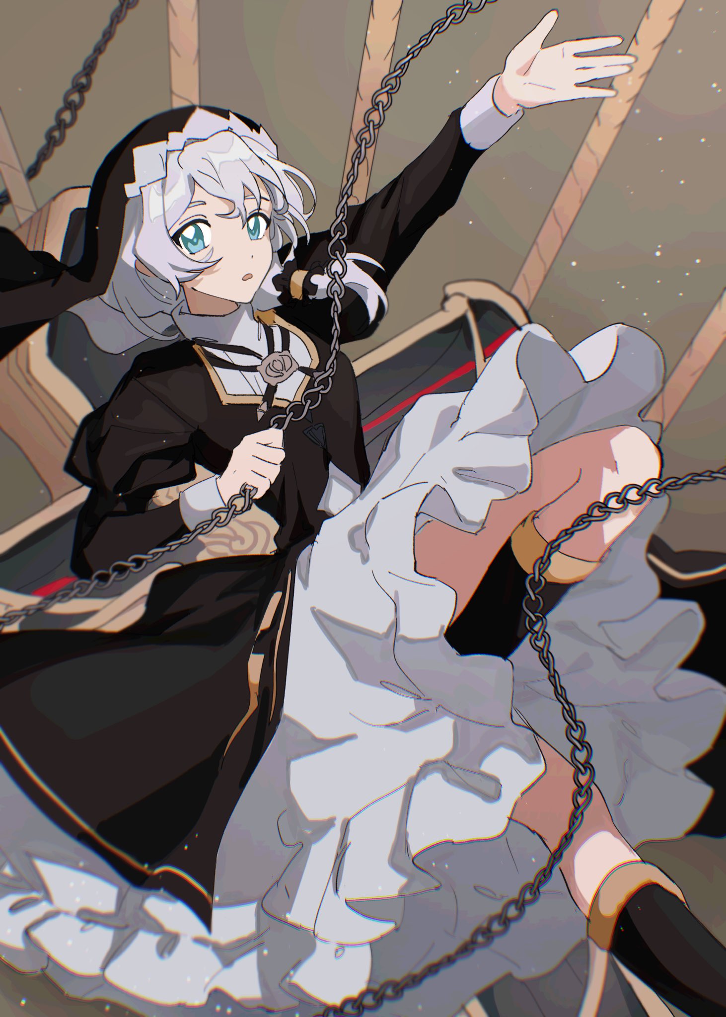 1girl bangs black_dress black_footwear blue_eyes boots brown_background chain cross_(weapon) dress highres holding holding_chain honkai_(series) honkai_impact_3rd knee_boots long_hair long_sleeves looking_at_viewer nun oath_of_judah open_mouth polearm side_ponytail solo spear theresa_apocalypse theresa_apocalypse_(valkyrie_pledge) uehara_suiyo veil weapon white_hair
