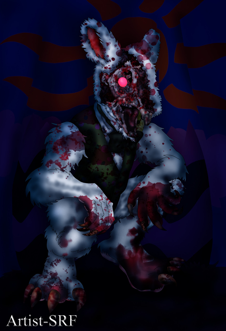 anthro artist-srf blood bodily_fluids claws easter easter_bunny fangs fur gore halloween_horror_nights hi_res holidays holidayz_in_hell lagomorph leporid male mammal nightmare_fuel pink_eyes rabbit white_body white_fur